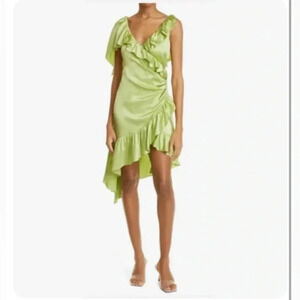 NEW $545 CINQ A SEPT Prickly Pear Green Petunya Ruffle Silk Wrap Dress Sz 2